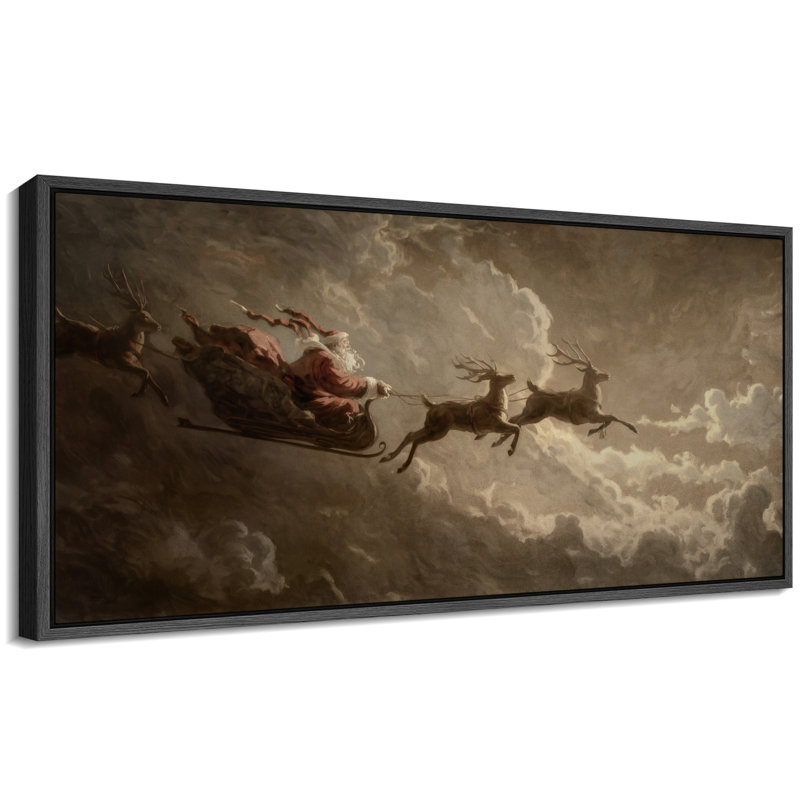 «Vintage Santa Sleigh Reindeer Christmas», art très grand, reproduction d'art sur toile encadrée, H 30 po x l 60 po, Noir
