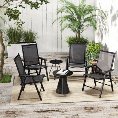 Set of 4 Patio Folding Chairs, Stackable Outdoor Sling Patio Dining Chairs with Armrests for Lawn, Camping, Dining, Beach, Metal Frame, No Assembly, Black