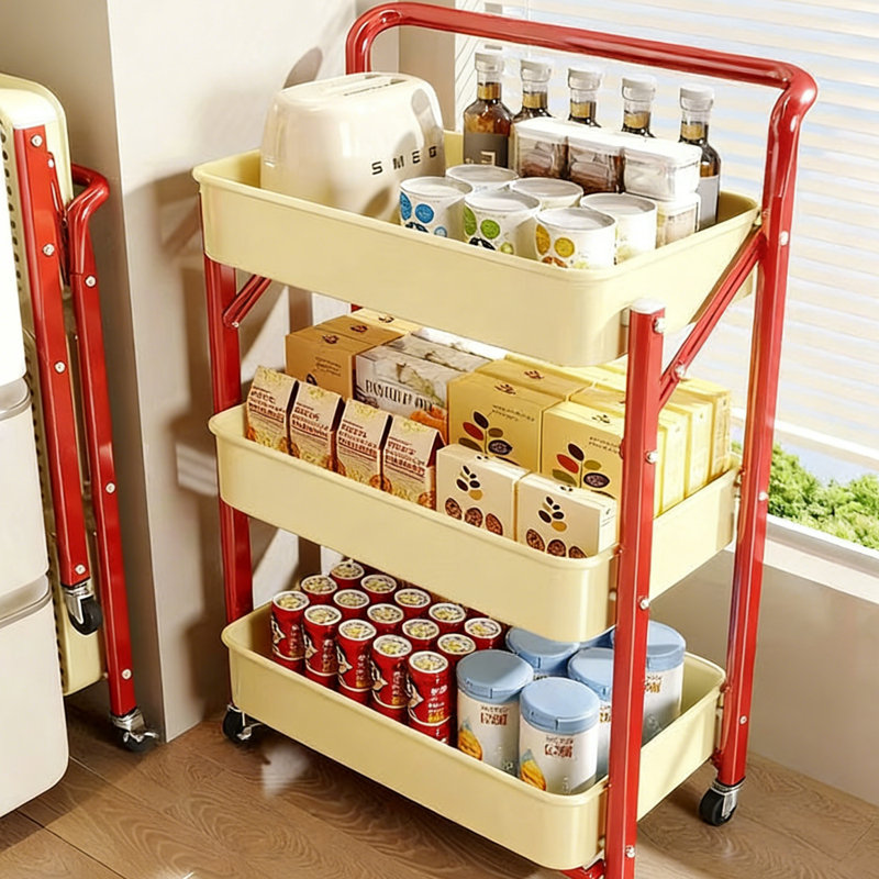 Foldable 3-Tier Rolling Utility Cart with Metal Baskets - Space-Saving, No-Assembly Storage Trolley with Wheels for Kitchen, Pantry, Bedroom, and Office
