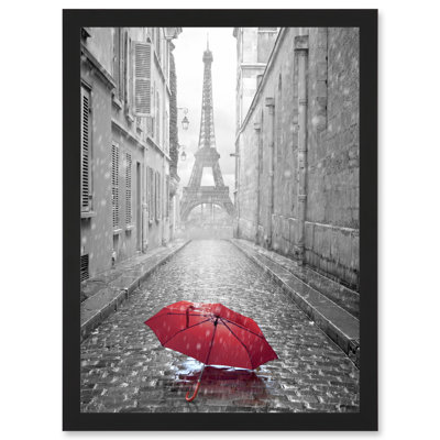 Eiffel Tower In Paris Red Umbrella Rain Alley Cobbles Artwork Framed A3 Wall Art Print