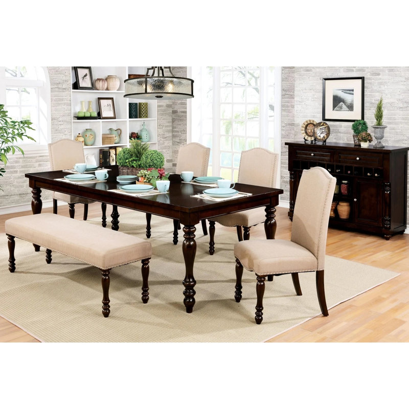 Chaise d'appoint en cerisier antique antique (2 pièces) - Assise transitionnelle en tissu, pieds en bois massif tourné, assise transitionnelle 2 pièces beige, cerisier, revêtement