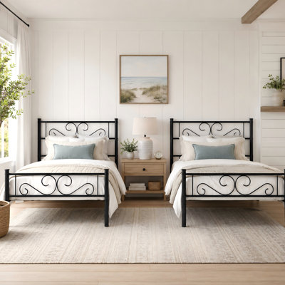 Twin Size Metal Platform Bed Frame Set of 2, Heavy Duty Steel Bed Frames with Headboard and Footboard, No Box Spring Needed, Under Bed Storage, Ships in 1 Box, Black Twin Bed Frame Set for Kids Bedroom, Guest Room, Dorm