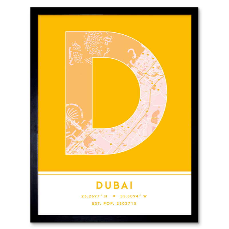 Dubai City Map Dubai Yellow - Single Picture Frame Typography
