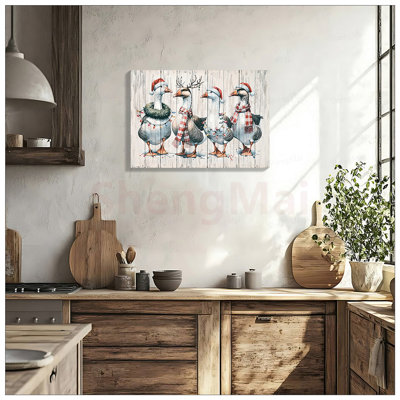 Framed Vintage Duck Wall Art Print, Christmas Ornaments Watercolor Canvas for Rustic Farmhouse Decor, 20x28 Inch