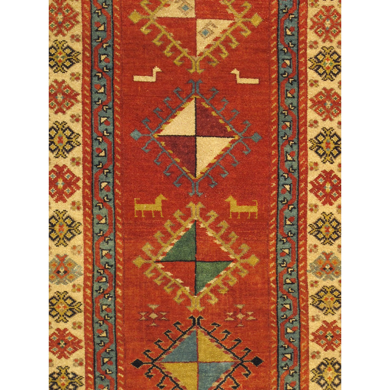 Tapis de couloir géométrique en laine noué à la main 3 pi 7 po x 12 pi Shirvan