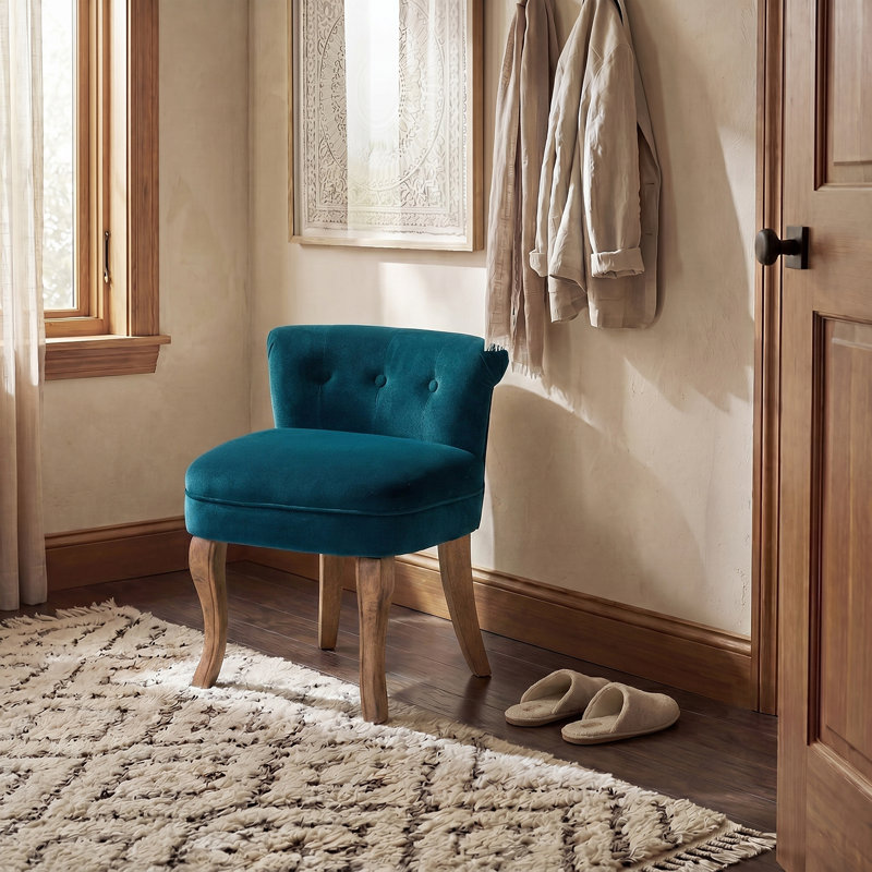 Jonna Tufted Vanity Chair with Solid Wood Legs, Teal Velvet