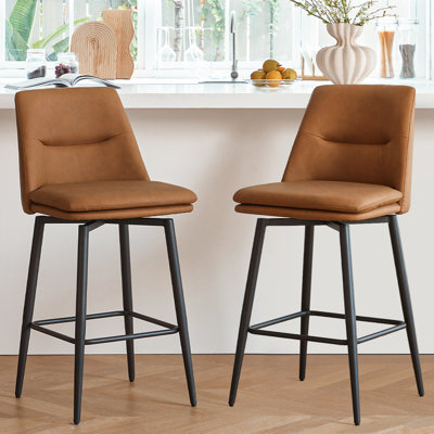 Ensemble de tabourets de bar brun de hauteur comptoir de 2, siège de 26 pouces de hauteur avec dossier et pieds en métal, tabourets de bar pivotants rembourrés en similicuir pivotant à 360 °