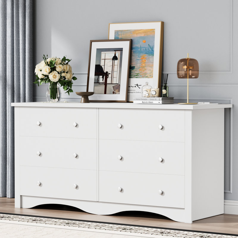 6-Drawer Dresser With Integrated Charging Station  & Wave Base, Modern White Finish, White