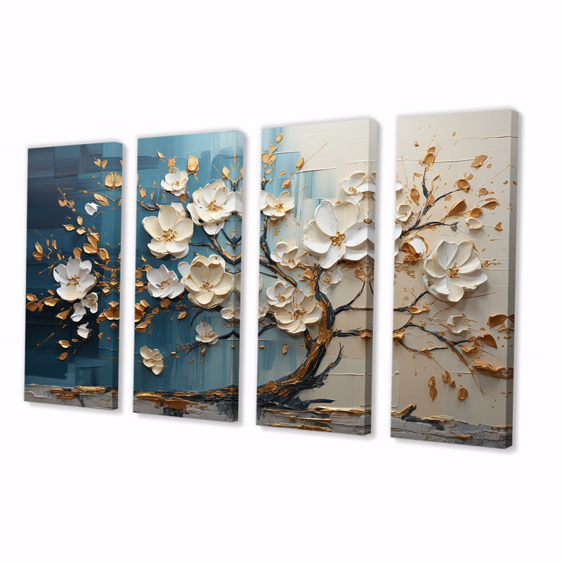 Orchidée bleue et blanche Golden Of Branches III - Ensemble de 4 décorations murales, H 32 po x l 64 po