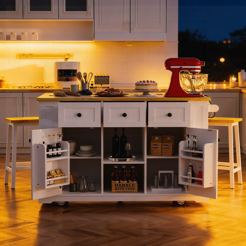 53-Inch Large Kitchen Island with Drop Leaf, Power Outlet, Internal Storage Rack, and 5 Smooth-Rolling Wheels for Versatile Use.