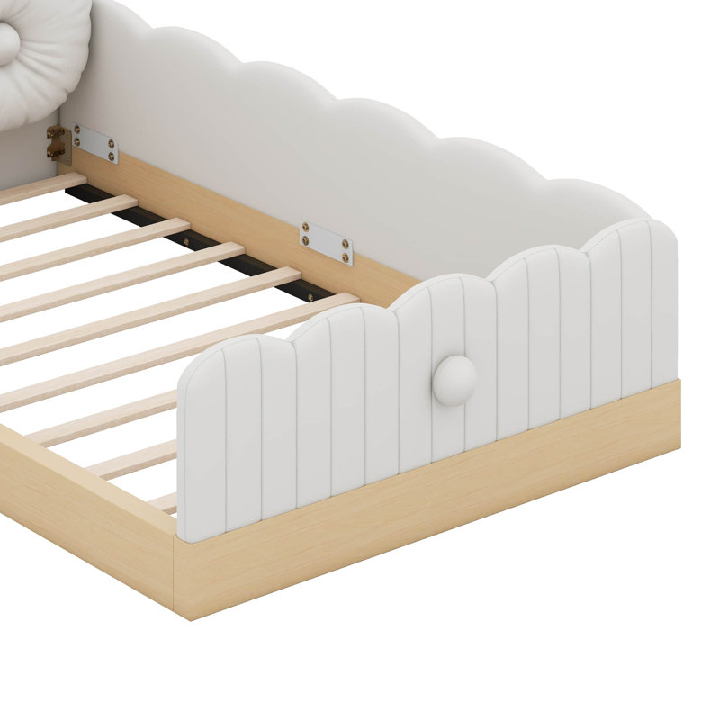 Mignon lit plateforme tapissier simple avec coussins et sacs de rangement, Beige