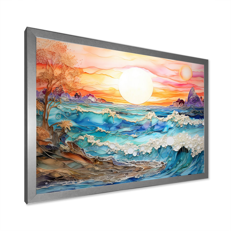 Rainbow Ocean Sunrise - art mural océan, H 34 po x l 44 po x P 1,5 po, Cadre simple blanc