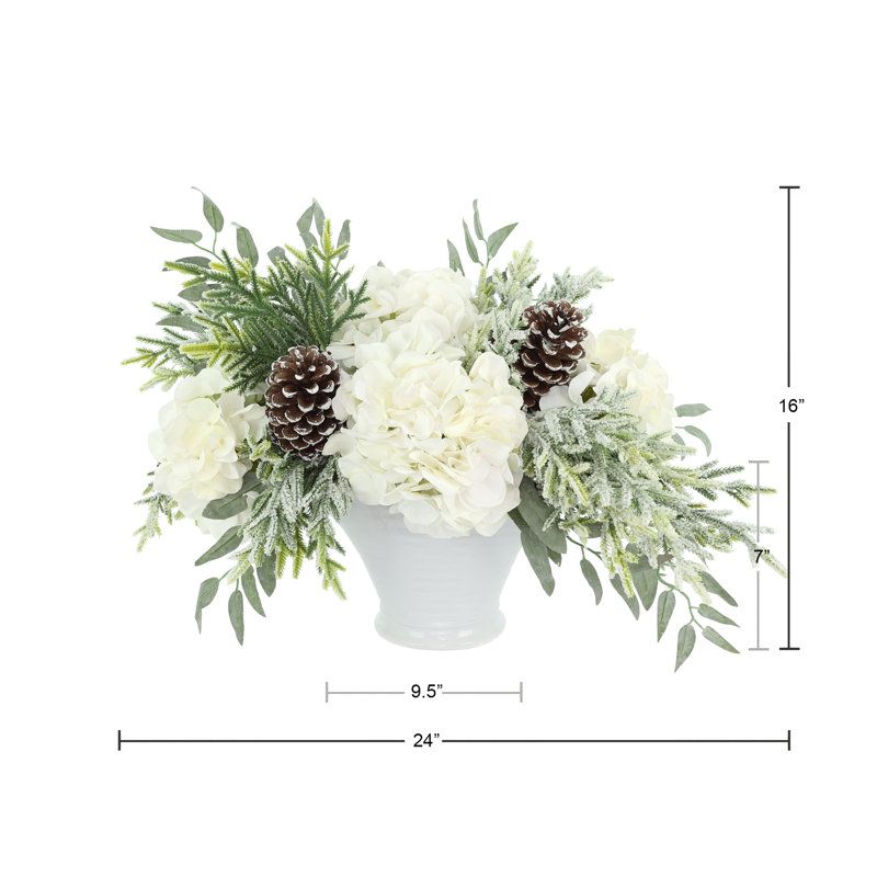 Holiday Arrangement with Sage, Hydrangeas and Pinecones