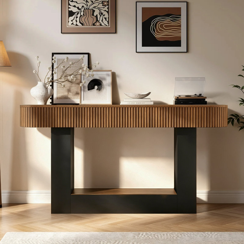Console en bois massif cannelé 62,9 "Mid-Century, Black/Brown