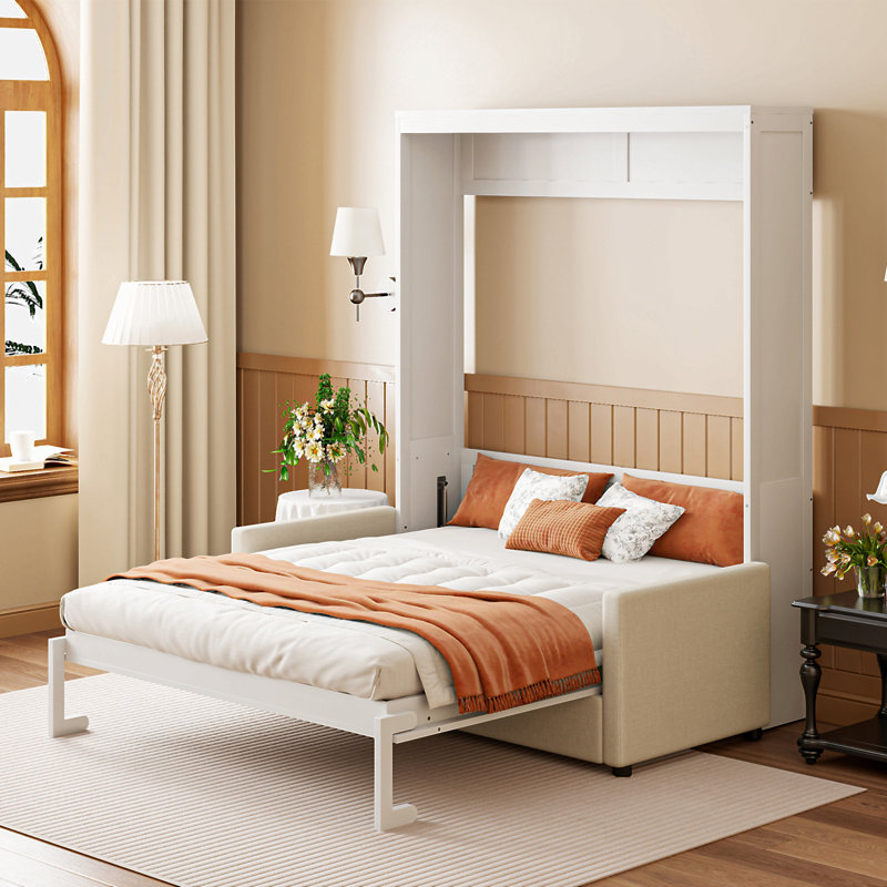 Lit escamotable double pleine grandeur avec coussin, Lit double, Blanc