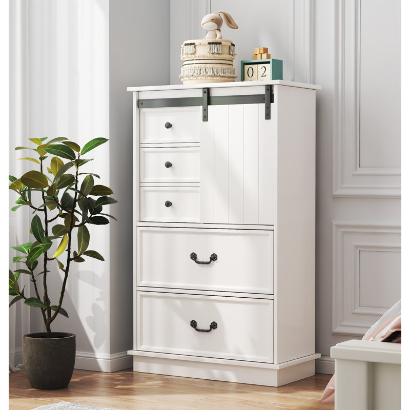 Commode décorative de ferme avec porte coulissante, 5 tiroirs et tablette réglable, blanc