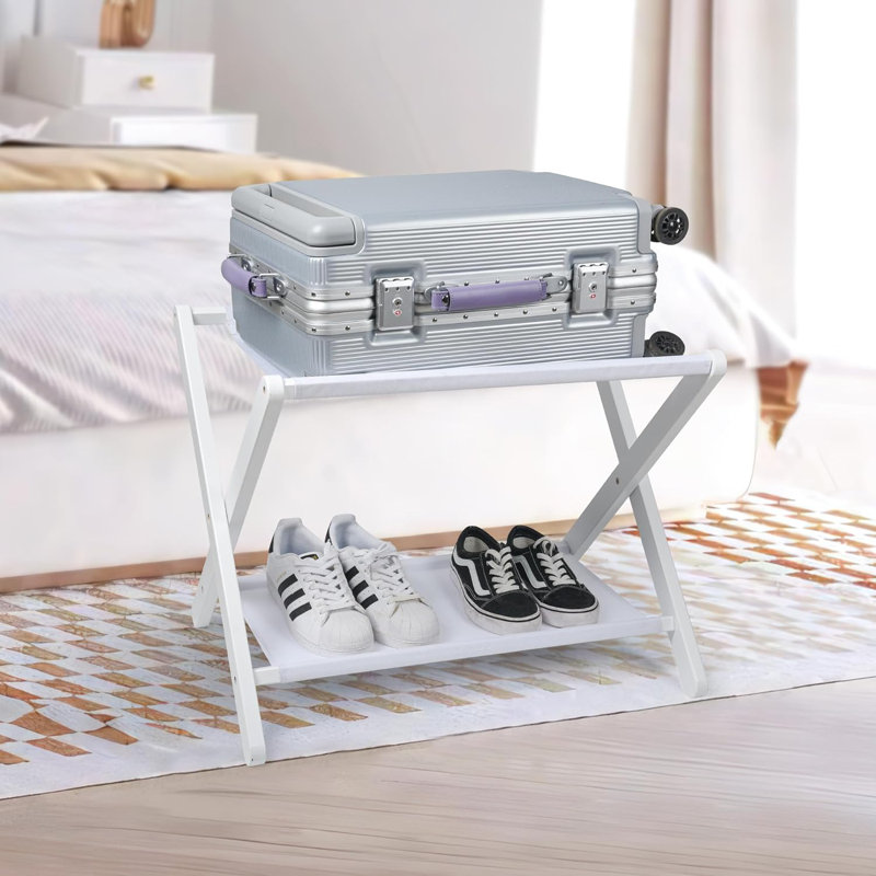 Folding Suitcase Stand With Storage Shelf, White