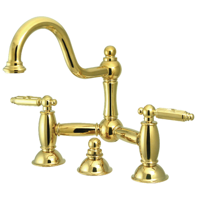 Kingston Brass Restoration Two-Handle 3-Hole Deck Mount Bridge Bathroom Faucet with Brass Pop-Up, Polished Brass