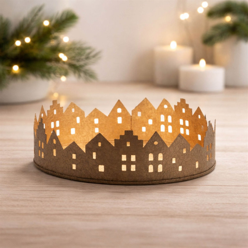 Cut Metal Village Candle Holder 9.75"D