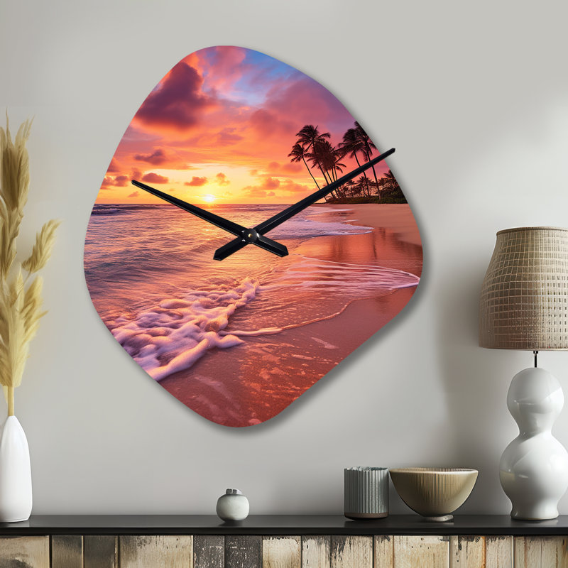 Photo de Hayward Beach Sunset Serenade III - horloge murale de forme unique en métal, impression d'horloge murale rose, Petit