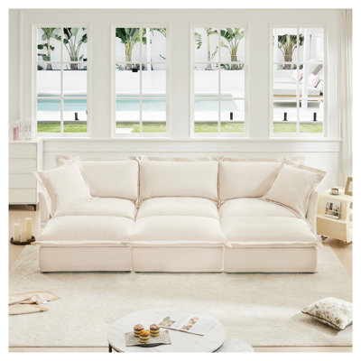 Canapé modulaire surdimensionné en chenille avec 3 repose-pieds - canapé-lit crème à 3 places pour salon