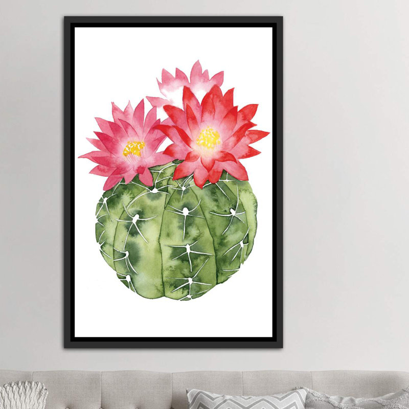 « cactus fleuri iii » par grace-pop, reproduction d’art, Toile avec cadre noir patiné, H 40 po x l 26 po x P 1,5 po