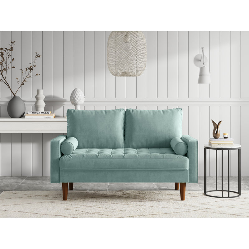 Canapé d'appoint à accoudoirs carrés en velours 58 po Brighton Mid-Century, Velours cyan clair grisâtre