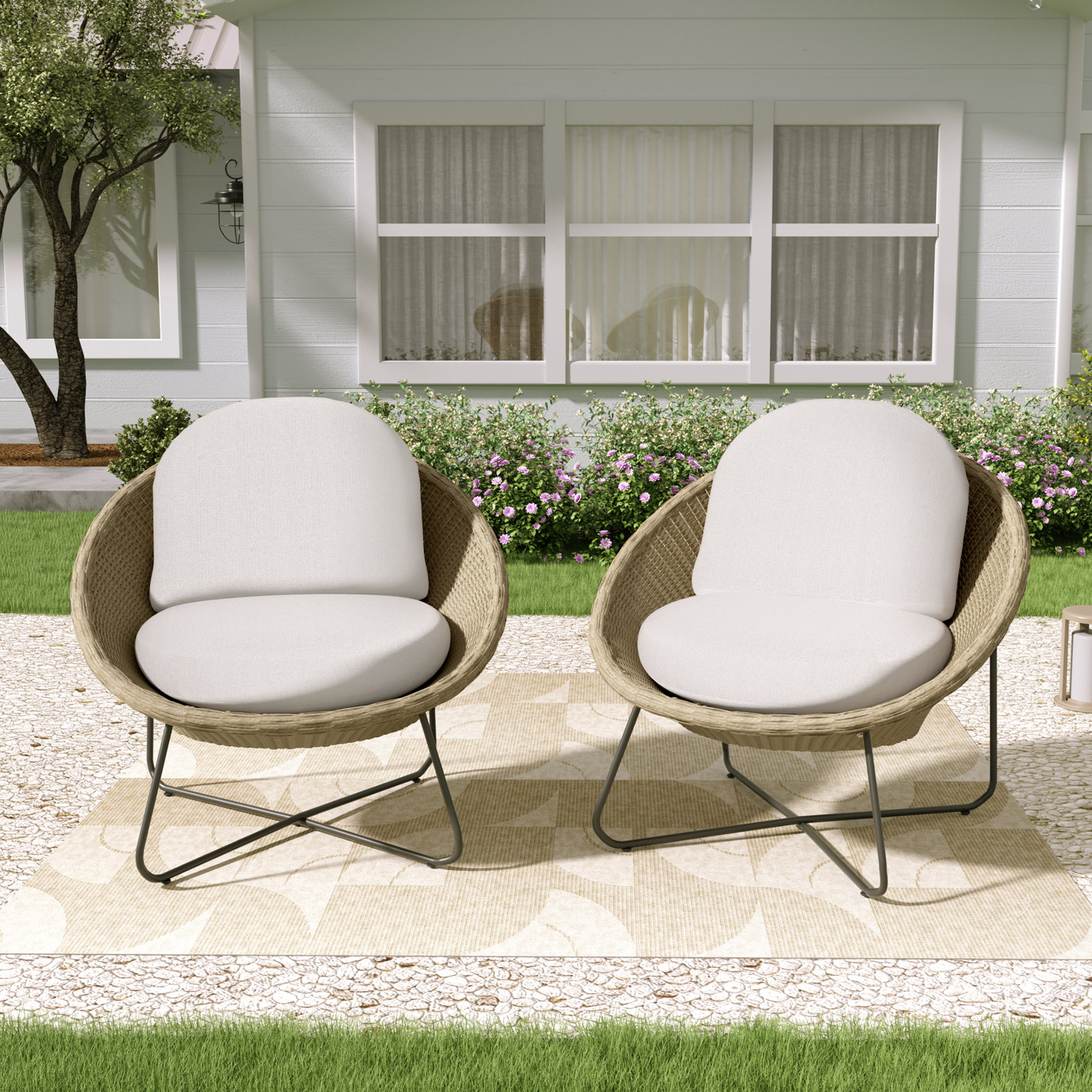 Kayla Metal & Wicker Patio Lounge Chairs with Cushions, Beige