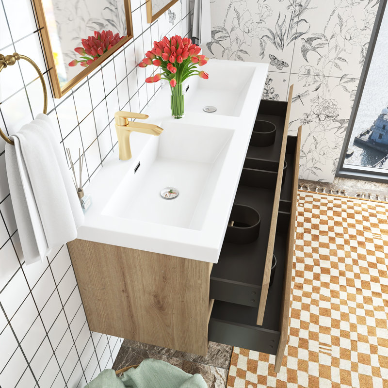 Meuble-lavabo mural à double cuve 60 po Firenze, Chêne clair