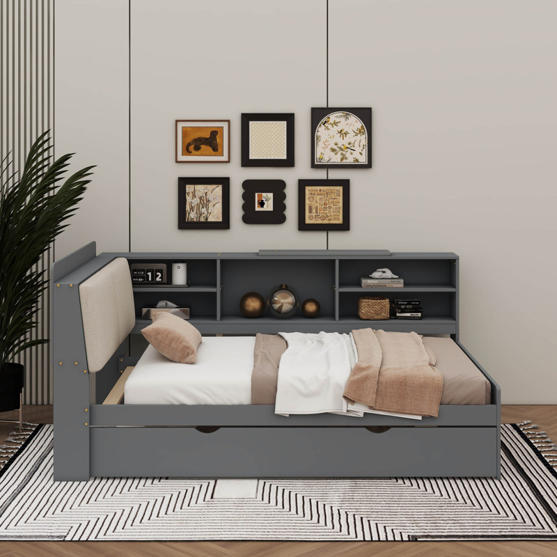 Functional Platform Bed With Pull Out Trundle Shelving Units And Storage Headboard, Grey