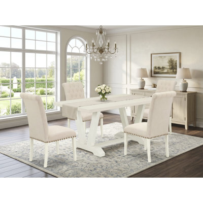 5-Pc Table Set Included 4 Parson Dining chairs Light Beige Upholstered and High Button Tufted Chair Back and a Wood Dining Table top - Wire Brushed Linen White.