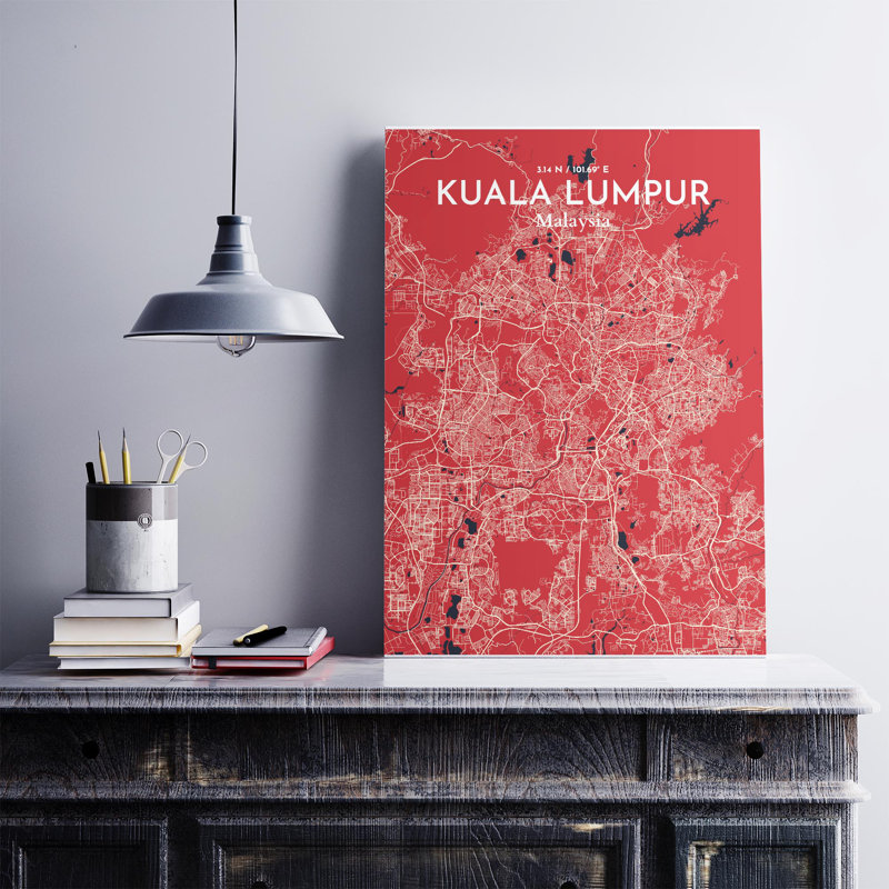«Kuala Lumpur City Map», impression de luxe, Rouge / bleu marine, H 27,6 po x l 19,7 po