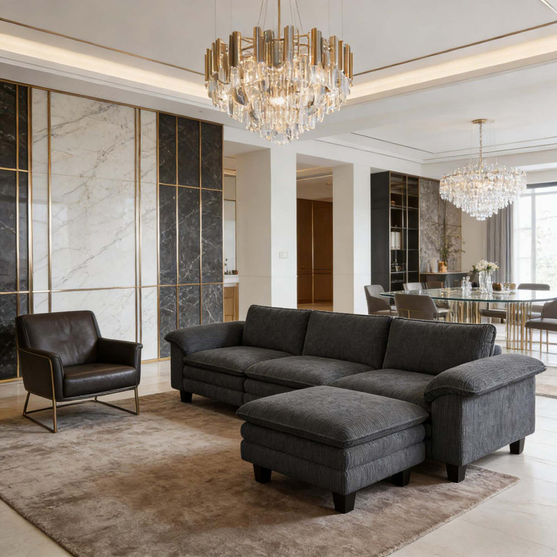 Canapé modulaire de luxe avec revêtement en velours côtelé et repose-pieds mobile