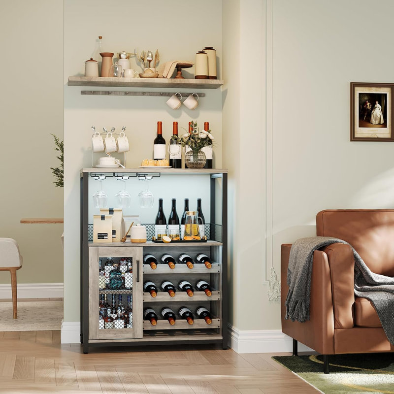 Multifunctional Wine Bar Cabinet with Removable Rack, 3-Tier Storage with Mesh Door & Glass Holder, Sturdy Wine Rack, for Kitchen,Bar and Living Room