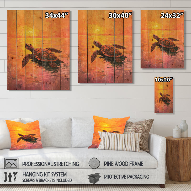 Tortue au coucher du soleil - Art mural moderne en bois sur bois de pin naturel, H 20 po x l 10 po