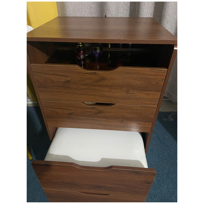 Compact 3-in-1 Makeup Vanity with Flip Top Mirror, Visible Glass Top and 3 Drawers, Vanity Desk for Bedroom, Walnut