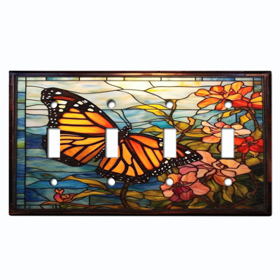 Metal Light Switch Plate Cover; US Standard Size 4 Gang Toggle - Printed Image of Stained Glass Butterfly