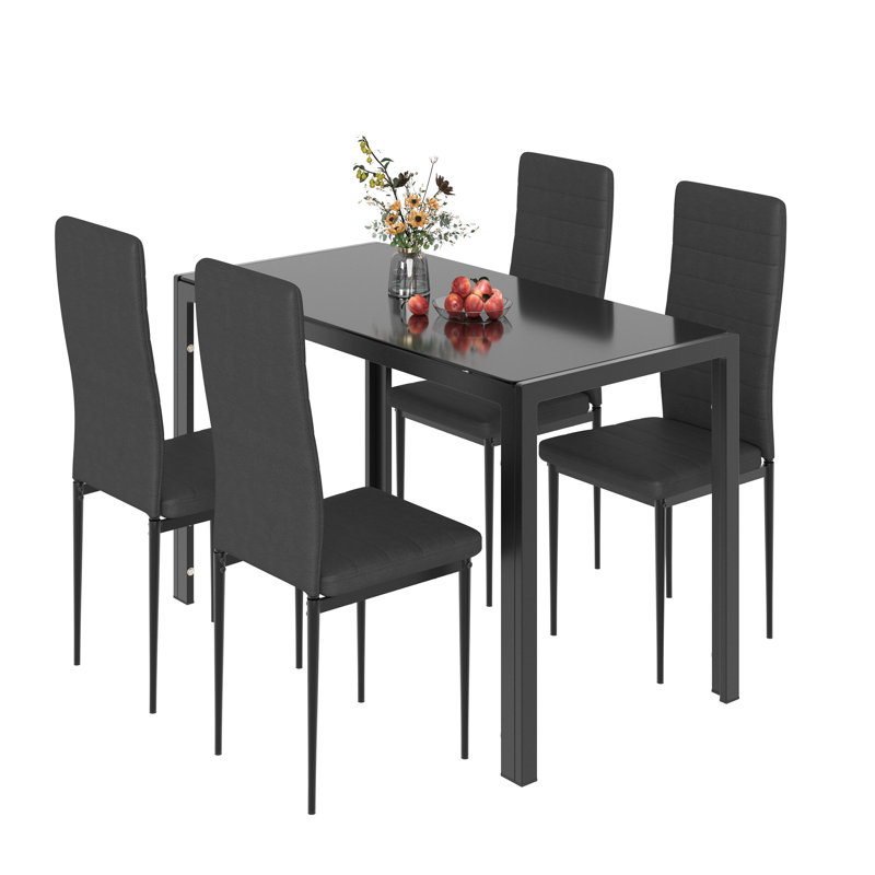 Black Tempered Glass Top Dining Table Set with Faux Leather Chairs