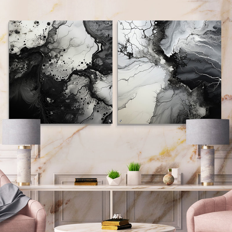 «Black Ink», encre liquide noire et blanche, encre liquide abstraite, ensemble de verres en acrylique, H 16 po x l 33 po