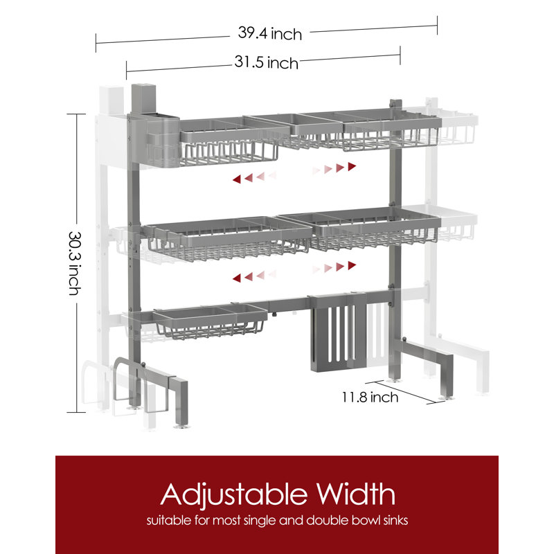 Dish Drying Rack - Over The Sink Dish Drainer Drying Rack with Utensil & Knife Holder, Hooks, Stainless Steel Kitchen Organizers and Storage Solution, 11.8" D x 31.5"~39.0''W x 30" H, Gray