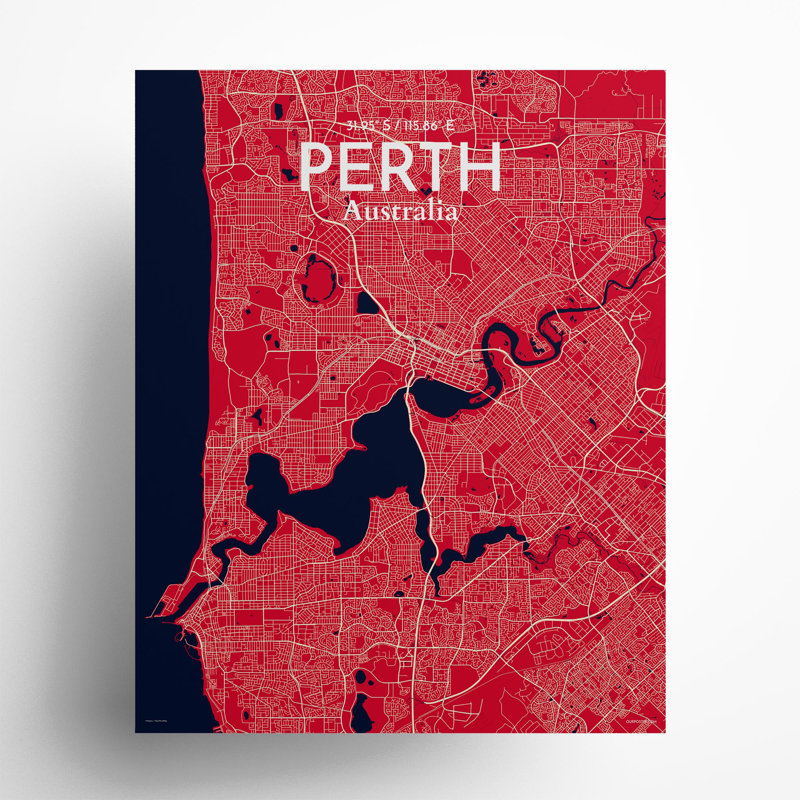 «Perth City Map», impression, H 20 po x l 16 po, Rouge / Bleu marine
