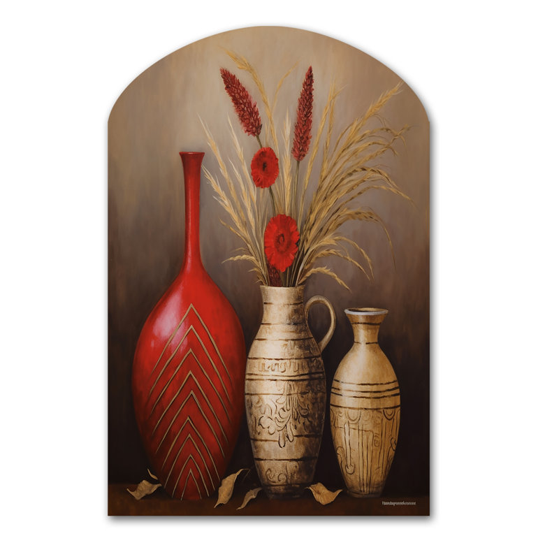 Nature morte, vase rouge avec blé et fleurs rouges - art mural asymétrique Boho Pottery, H 43 po x l 33 po