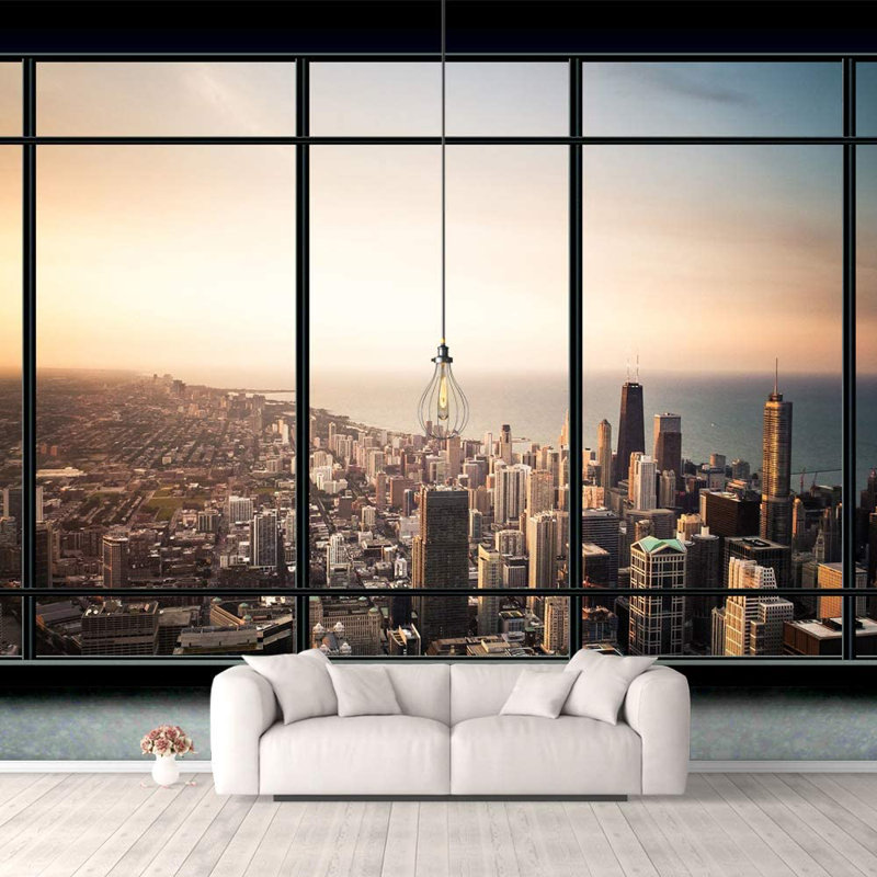 Grid City View Window View Wall Mural, 100" L x 144" W