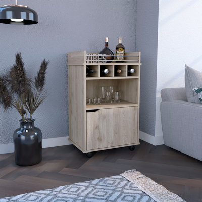 Chariot-bar avec deux tablettes, quatre casiers à vin et une armoire