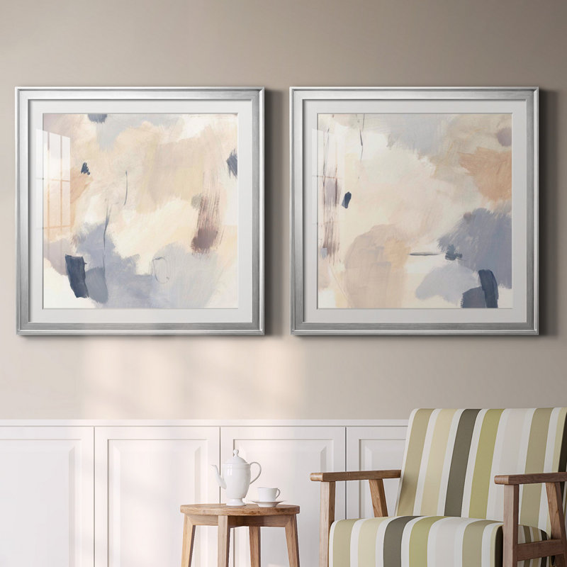 Ensemble de 2 cadres Sand Sand I, H 34,5 po x l 69 po x P 1,5 po, Papier avec cadre argenté, Blanc