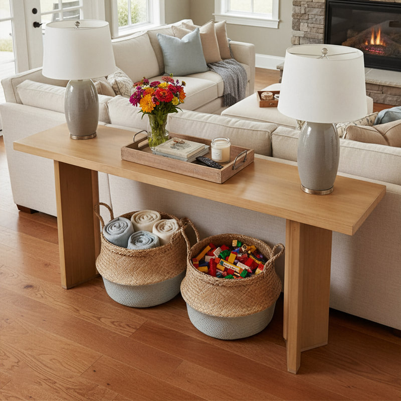 Console Table With Triangle Design Legs, Natural Wood