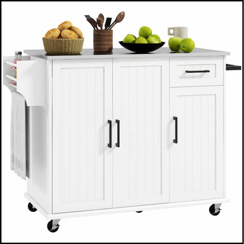 Îlot de cuisine roulant polyvalent avec rangement, tiroir et 3 armoires pour une utilisation accrue de l'espace