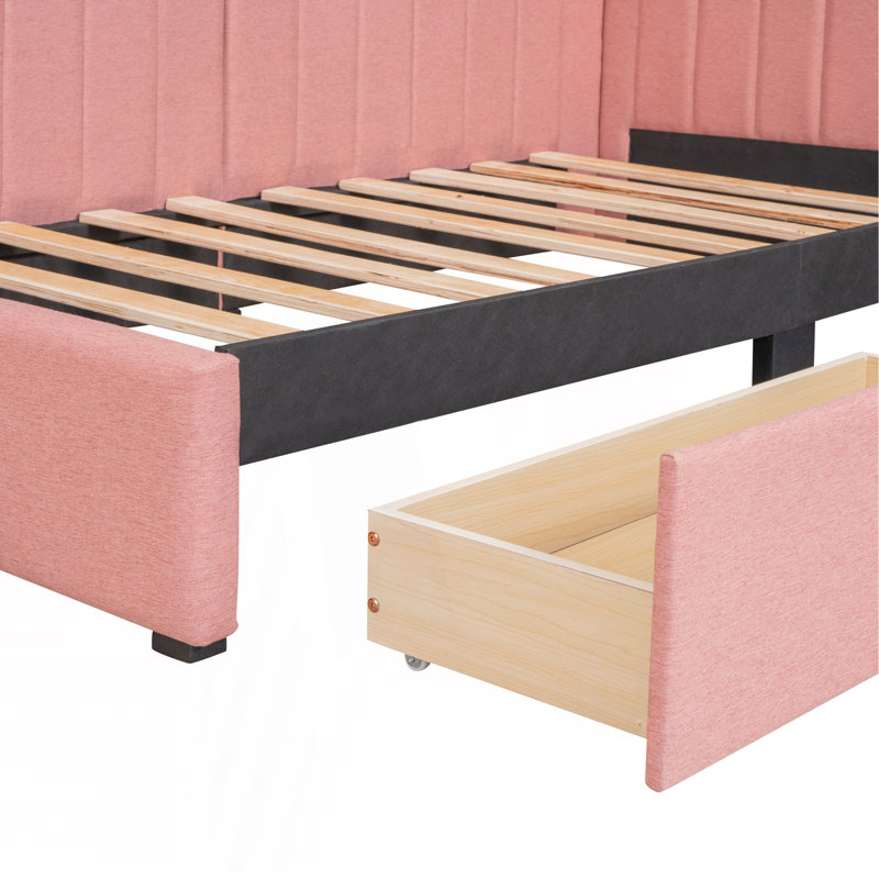 Lit de jour rembourré avec 2 tiroirs de rangement, structure de canapé-lit simple, sans sommier, tissu en lin (rose), Rose