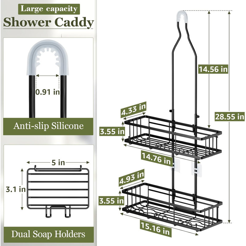 Organisateur à hauteur réglable pour pomme de douche, tablettes de douche antirouille noires avec crochets, 2 porte-savons