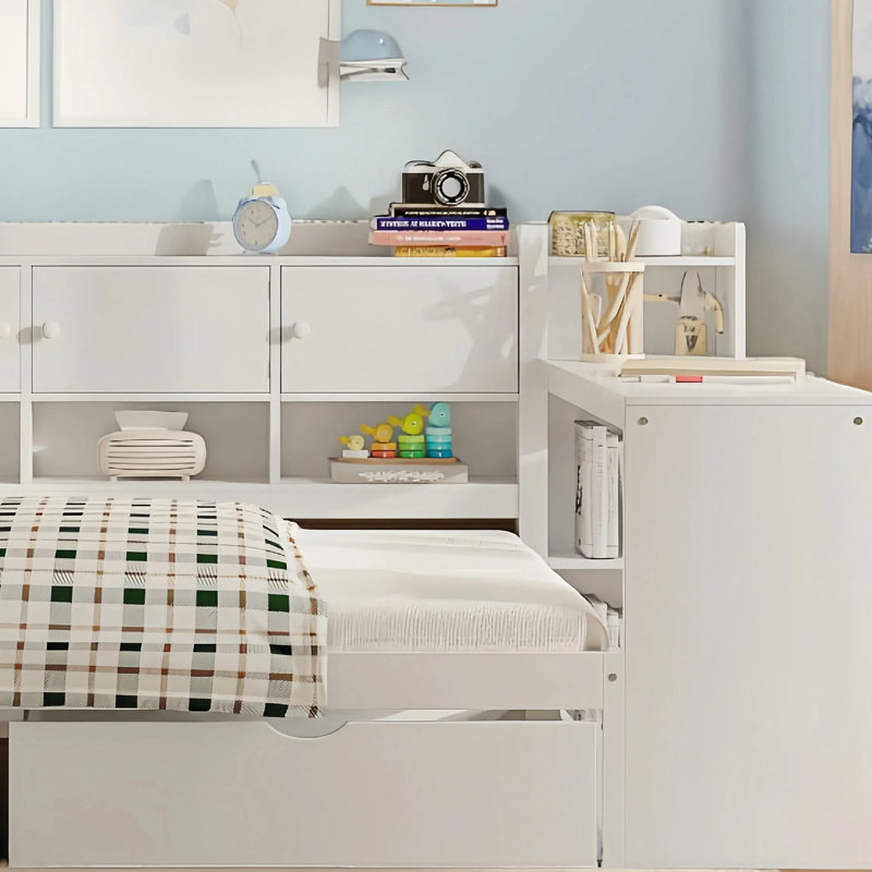 Structure de lit de jour moderne en L multifonctionnel avec bureau d'étude, Lit simple, Blanc